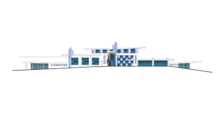 Modern building facade featuring blue accents and a geometric design.