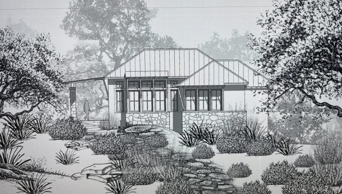 A monochromatic illustration of a house surrounded by trees and shrubs.