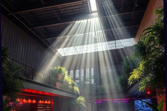 Sunlight streams through a skylight, illuminating an indoor space with plants and colorful lighting.
