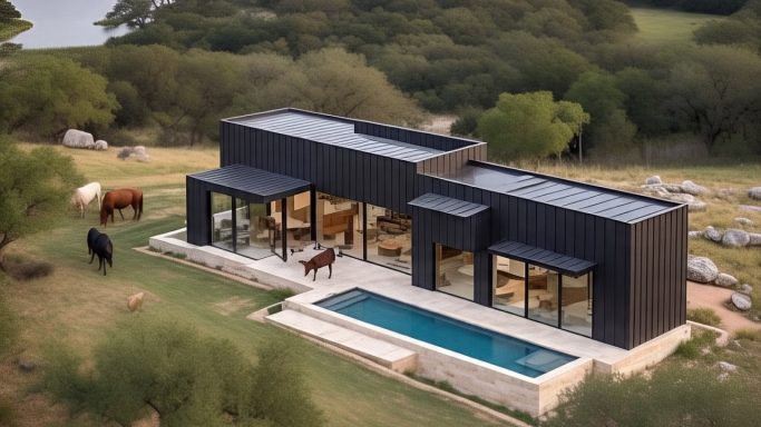 Modern black farmhouse with pool, surrounded by grassy landscape and cattle.